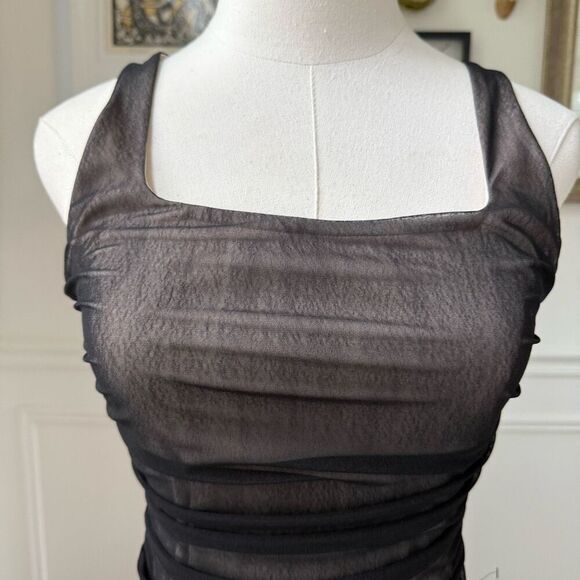 NWOT Lulus V.I.P. Treatment Black and Beige Mesh Ruched Bodycon Midi Dress S - Picture 2 of 7